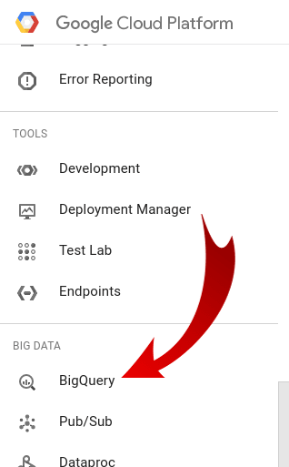 Sidebar Menu of Google Cloud Platform to Open Google BigQuery
